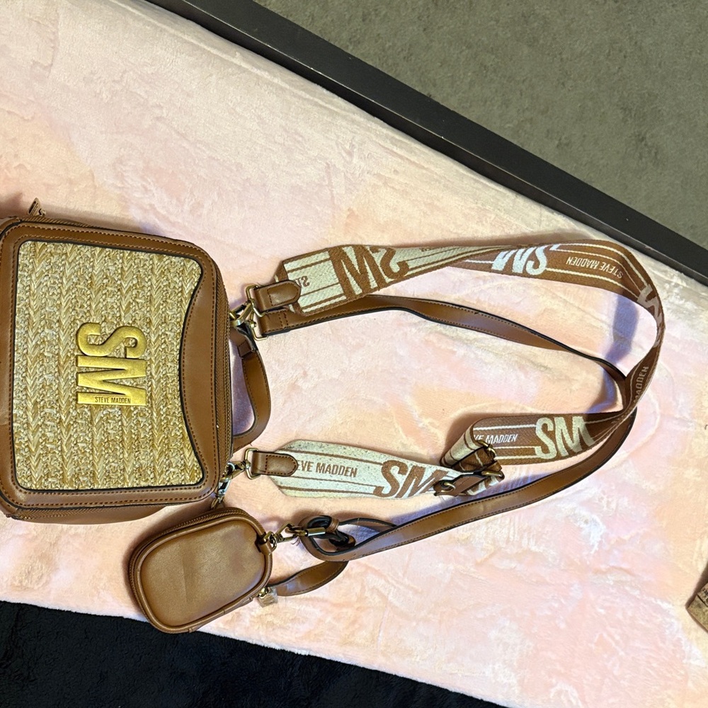Steve Madden Brown and Tan Woven Crossbody Bag with Logo Strap